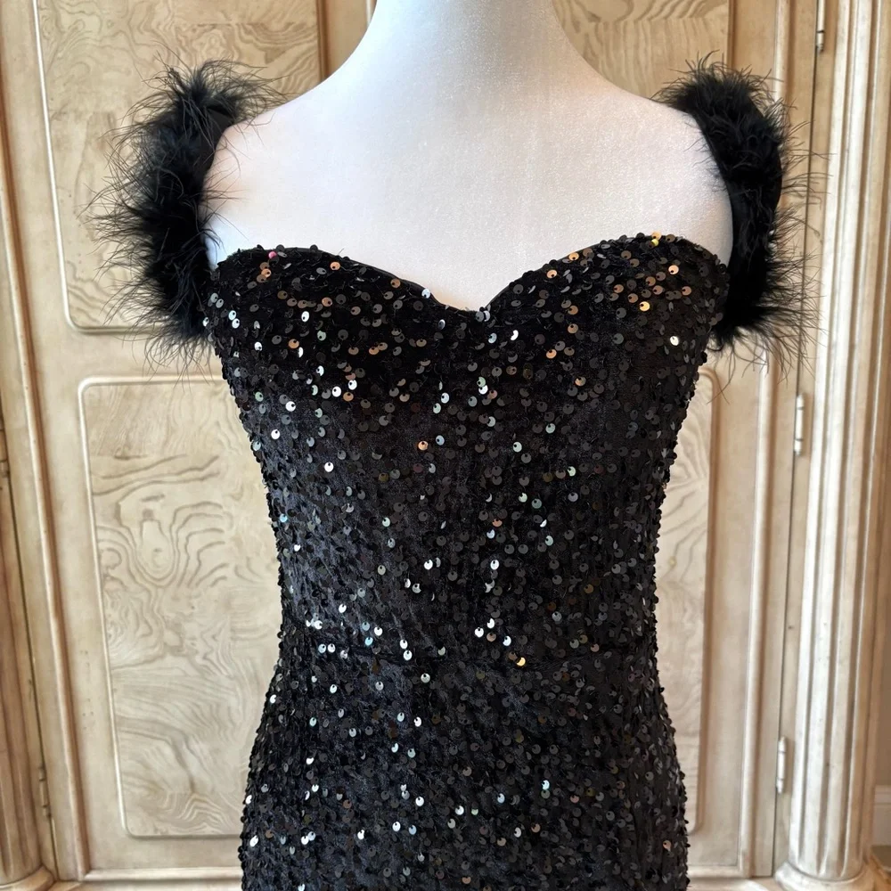 NEW Black Sequin Dress, Black Dress with Feathers Prom NWOT Size XLG - Picture 5 of 13